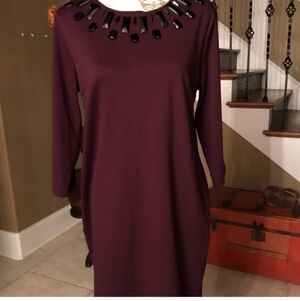 Dana Buchman Women's Size 6 Plum Purple Midi Dress Statement Beaded Neckline NWT